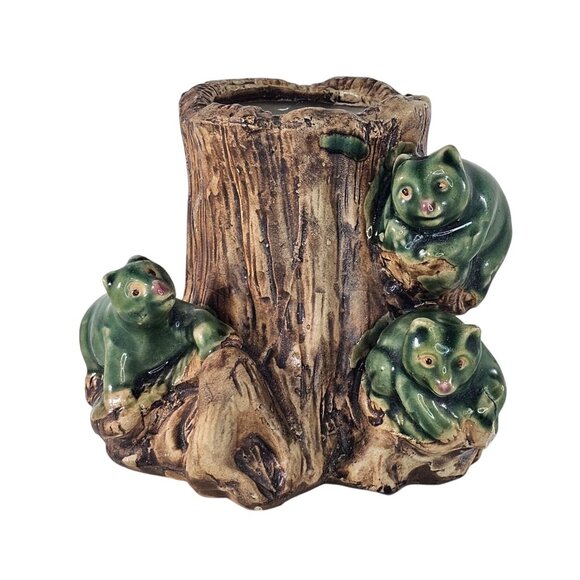 Vintage Majolica Style Bear Tree Trunk Planter Vase Green Brown Glaze - Picture 1 of 9